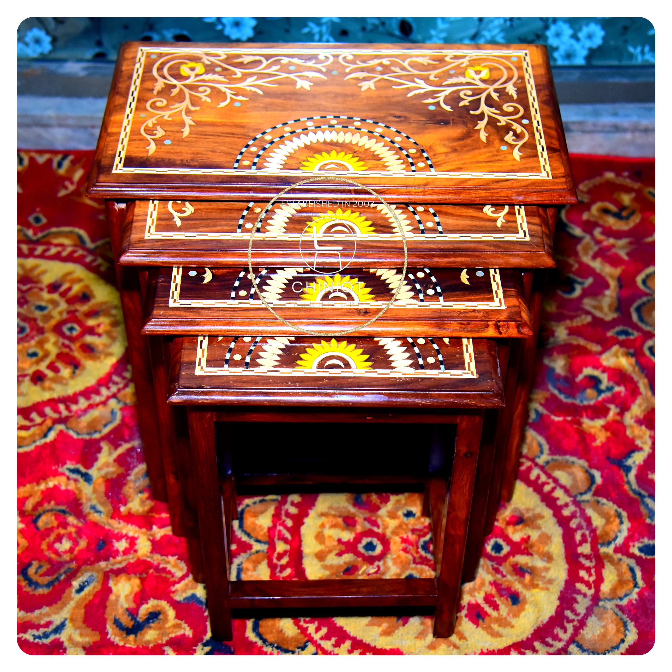 Nesting Table Inlay Sun Flower (Set Of 4)