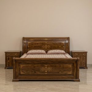 Handcrafted solid Sheesham wood Classic Brass Inlay Wooden Bed Set with brass detailing from Chiniot Furniture