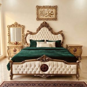 Classic Gold Carved Wooden Bed Set with Luxury Dresser, Tufted Velvet Headboard, and Handcrafted Sheesham Wood