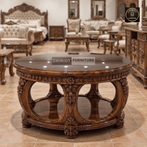 Handcrafted Classic Round Wooden Center Table Set with Traditional Arches Mehraben in rich polish from Chiniot Furniture