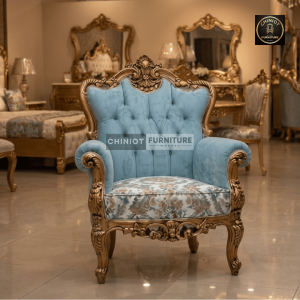 Handcrafted Royal Antique Carved Wooden Sofa Set with Gold Highlights and Tufted Upholstery from Chiniot Furniture