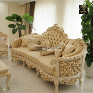 Handcrafted Royal Antique Victorian 7-Seater Sofa Set with Gold Highlights and Tufted Velvet Upholstery from Chiniot Furniture