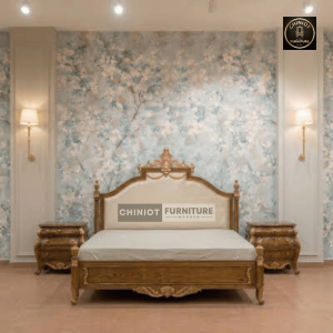 Handcrafted Royal Classic Carved Wooden Bed Set with Gold Highlights and Upholstered Headboard from Chiniot Furniture