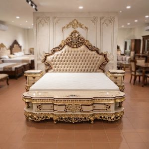 Handcrafted solid Sheesham wood Royal Gold Carved Victorian Bed Set with hand carvings from Chiniot Furniture