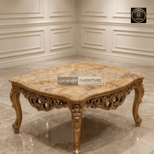 Handcrafted Royal Golden Carved Center Table Set with Marble-Finish Top from Chiniot Furniture