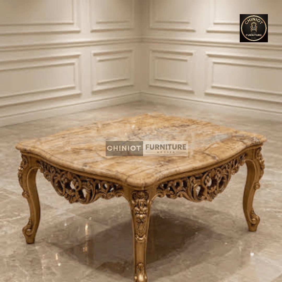 Handcrafted Royal Golden Carved Center Table Set with Marble-Finish Top from Chiniot Furniture
