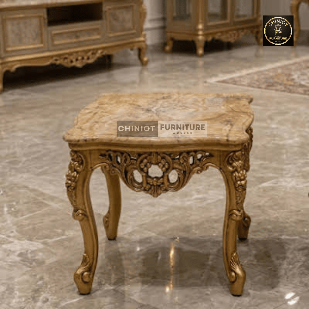 Handcrafted Royal Golden Carved Center Table Set small table with Marble-Finish Top from Chiniot Furniture
