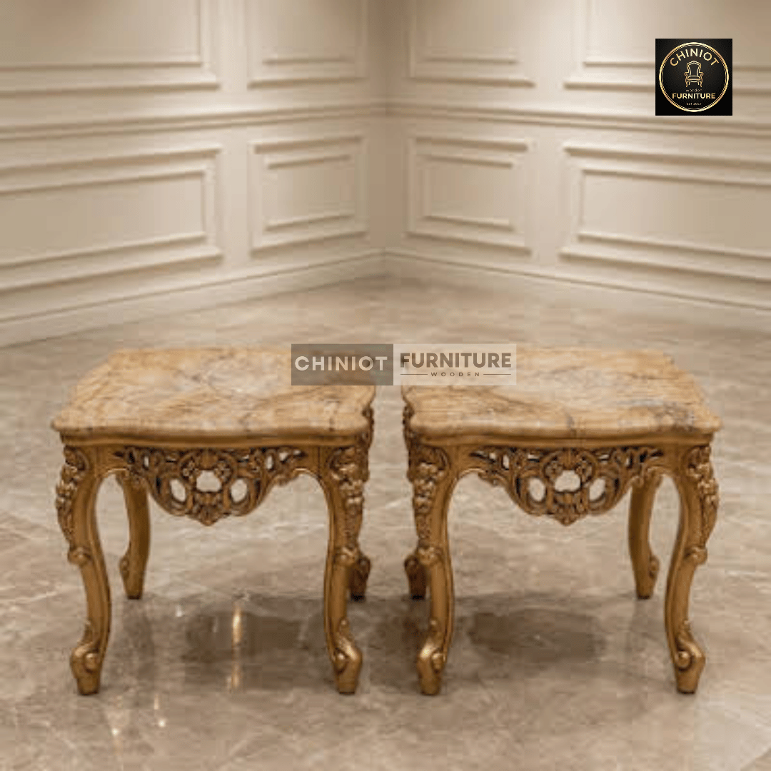 Handcrafted Royal Golden Carved Center Table Set small side tables with Marble-Finish Top from Chiniot Furniture