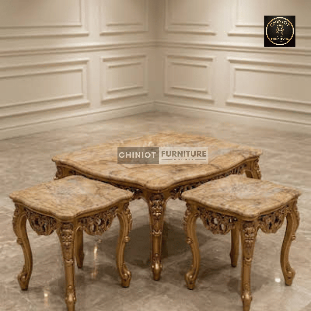 Handcrafted Royal Golden Carved Center Table Set with Marble-Finish Top from Chiniot Furniture