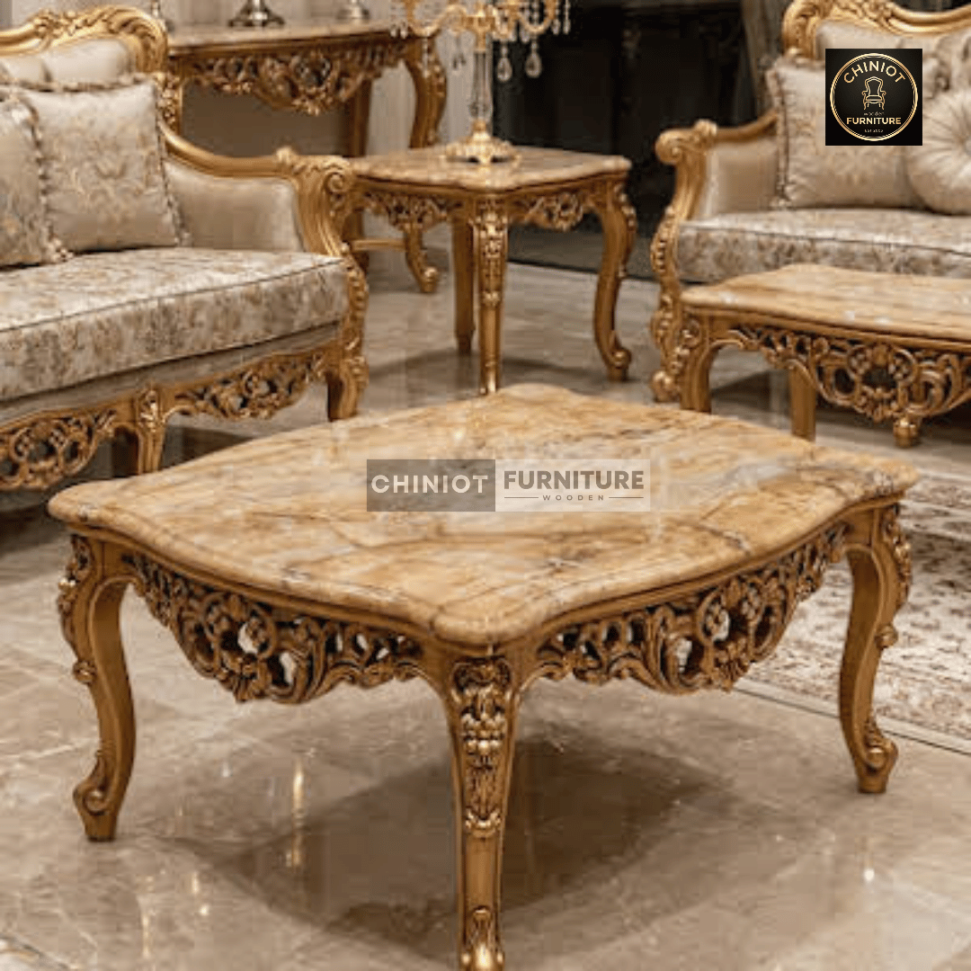 Handcrafted Royal Golden Carved Center Table Set large table with Marble-Finish Top from Chiniot Furniture