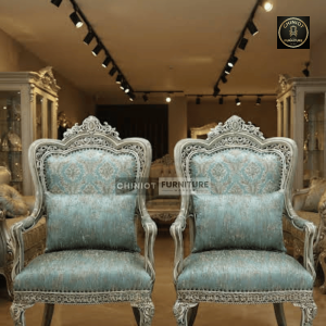 Handcrafted Royal Silver Carved Antique Settie with Crown Crest and Textured Upholstery from Chiniot Furniture