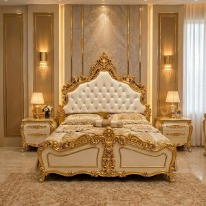 Handcrafted solid Sheesham wood Royal Emerald Victorian Velvet Bed Set with hand carvings from Chiniot Furniture