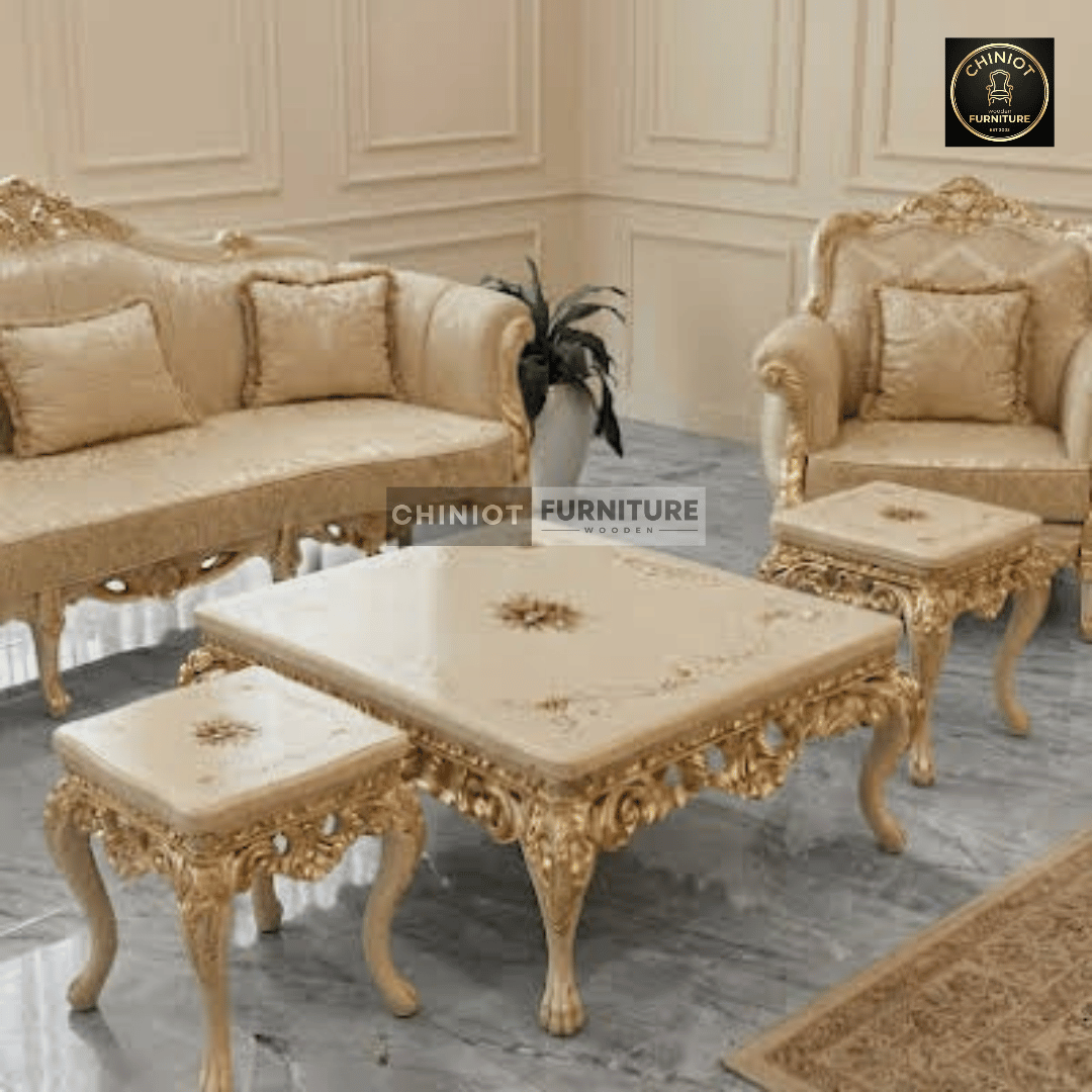 Handcrafted and Hand-Painted Antique Ivory Victorian Center Table Set by Ustad Akhtar Abbas from Chiniot Furniture