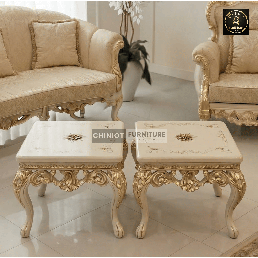 Handcrafted and Hand-Painted Antique Ivory Victorian Center Table Set by Ustad Akhtar Abbas from Chiniot Furniture