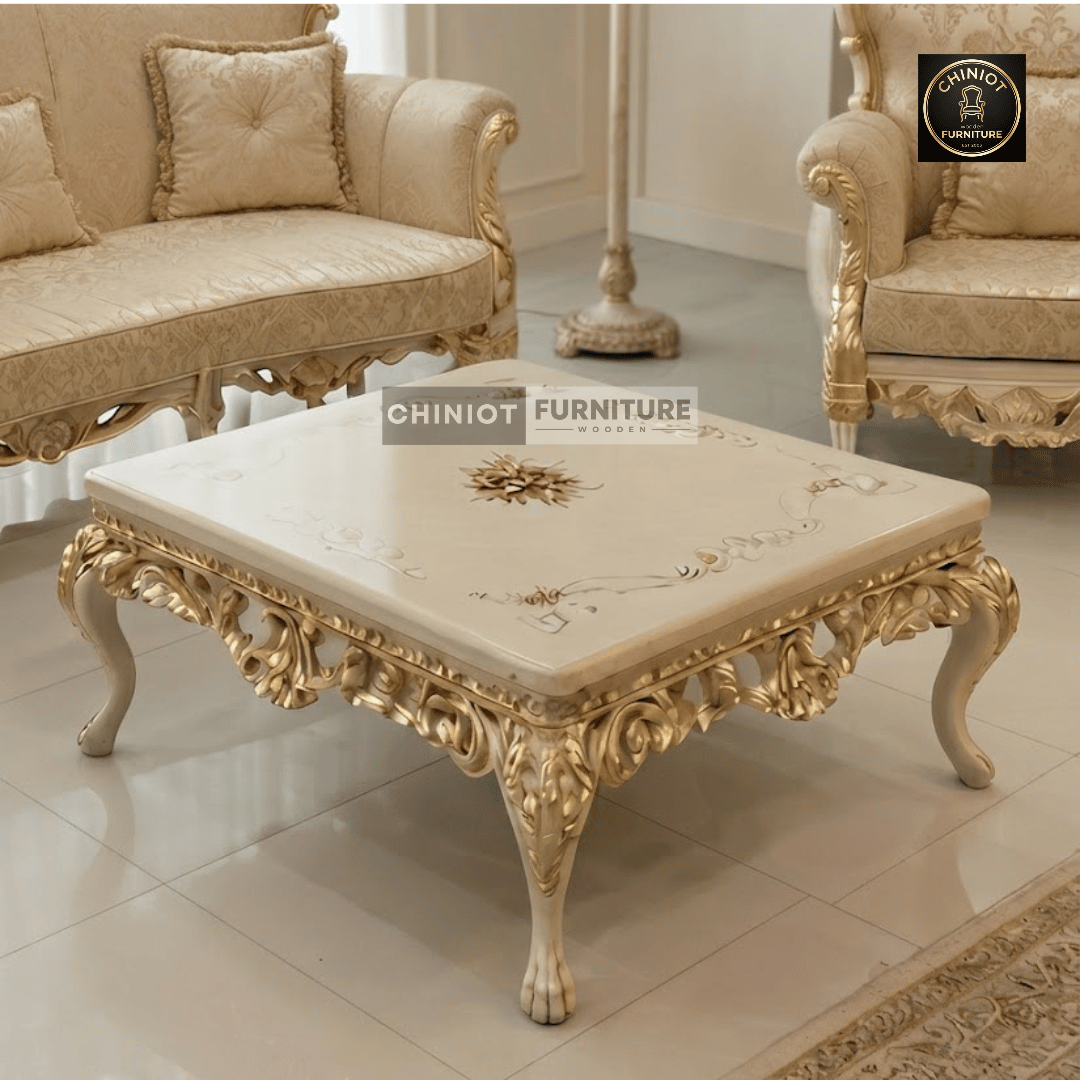 Handcrafted and Hand-Painted Antique Ivory Victorian Center Table Set by Ustad Akhtar Abbas from Chiniot Furniture
