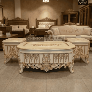Antique ivory and gold carved center table set with side tables handcrafted in Chiniot