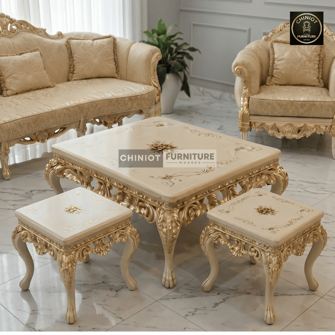 Handcrafted and Hand-Painted Antique Ivory Victorian Center Table Set by Ustad Akhtar Abbas from Chiniot Furniture