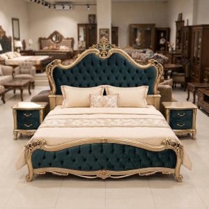 Handcrafted solid Sheesham wood Royal Emerald Victorian Velvet Bed Set with gold carvings from Chiniot
