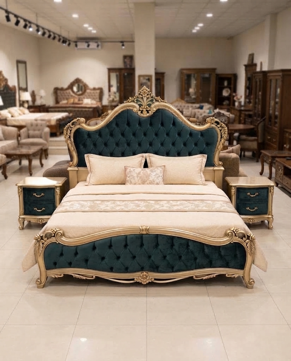 Handcrafted solid Sheesham wood Royal Emerald Victorian Velvet Bed Set with gold carvings from Chiniot