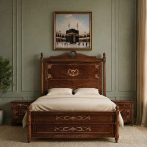 Handcrafted Sheesham wood Classic Wood Inlay Wooden Bed Set with natural Sheesham polish and intricate inlay work from Chiniot Furniture
